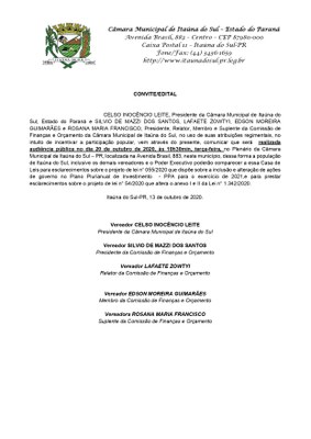 convite para participar da reunião de Finanças e Orçamento PPA e LDO.